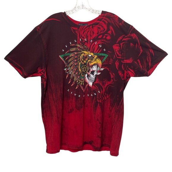 Affliction Black Label 2XL Mens Graphic Tee Red Skull Tribal Design Rhinestones - Picture 1 of 9